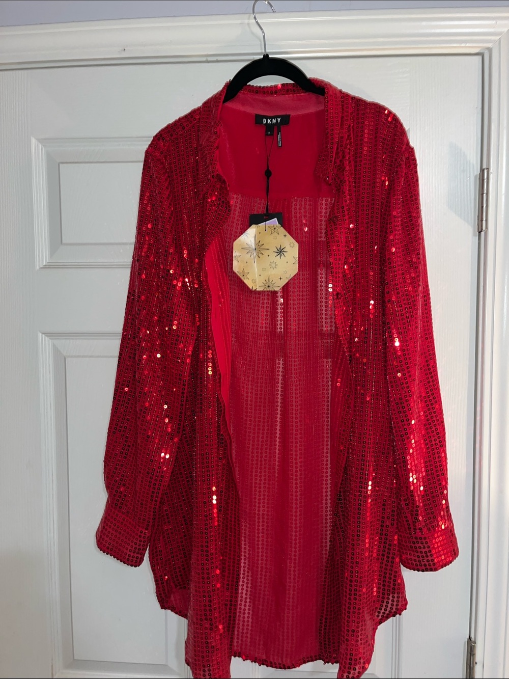 DKNY Red Sequin Open-Front Cardigan Jacket